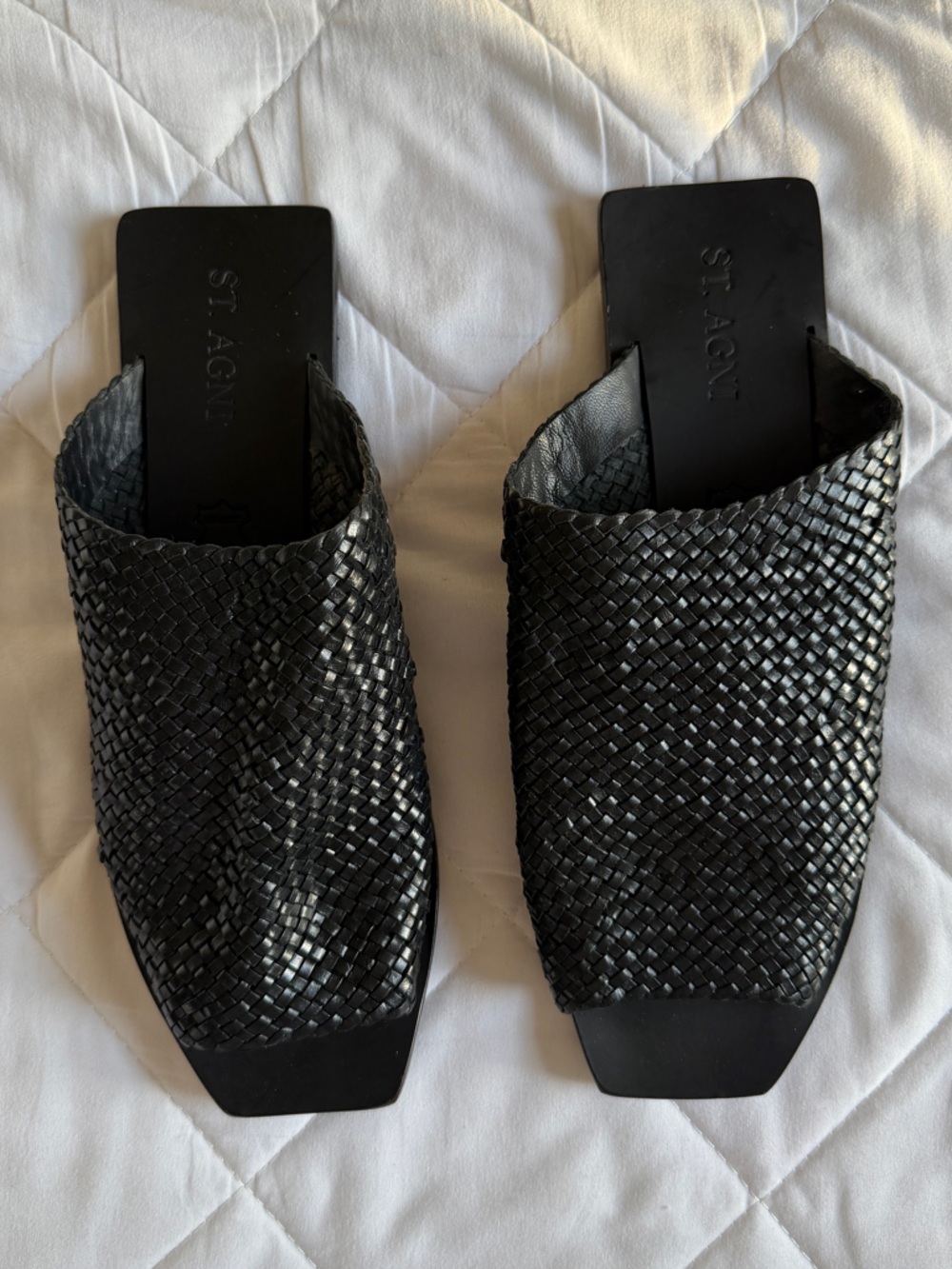 St. Agni Black Woven Leather Slide Mules